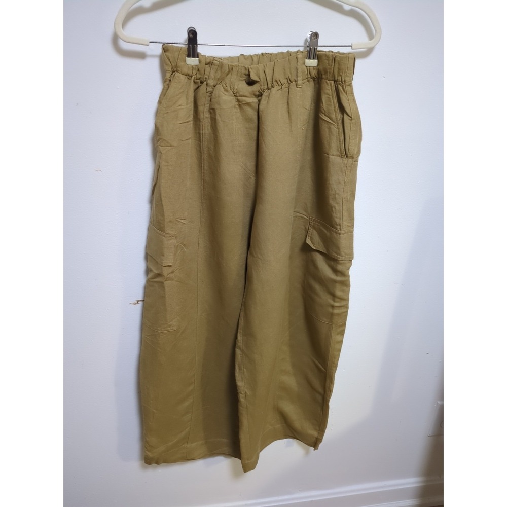Oysho Womens Dress Pants Size Medium Tan Brown Linen Wide Leg‎ Trousers